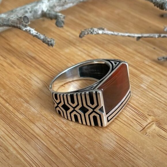 925 Sterling Silver Men's Ring With Agate Stone - Picture 10 of 12
